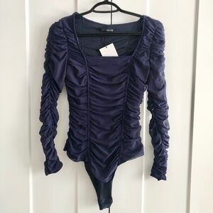 Zara, Ruched, Navy Blue, Tight, Fitted, Bodysuit, Size Med, NEW With‎ Tags